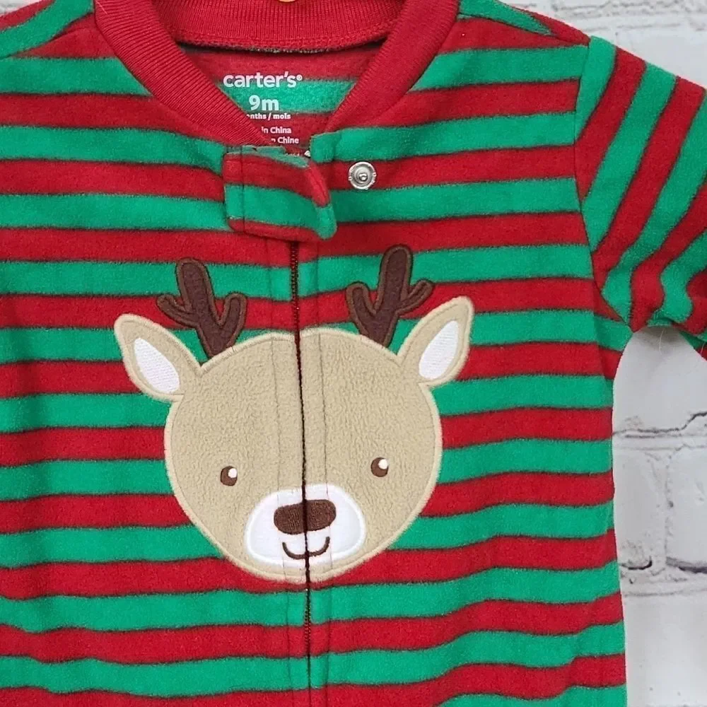 Carter’s Baby Christmas Pajamas 9M Reindeer Fleece Footed Sleeper Red Green Pjs